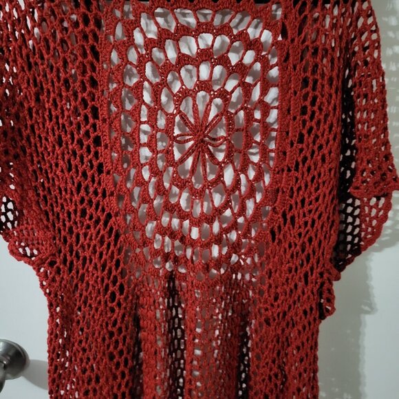 UMGEE RED CROCHET KNIT FRINGE CARDIGAN SZ M - Picture 6 of 7